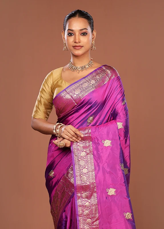 Purple Handloom Katan Pure Silk Saree With Blouse Piece One Size