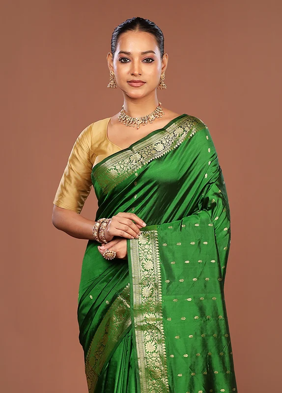 Green Handloom Katan Pure Silk Saree With Blouse Piece One Size