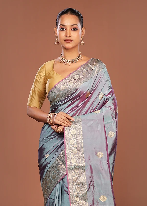 Grey Handloom Katan Pure Silk Saree With Blouse Piece One Size