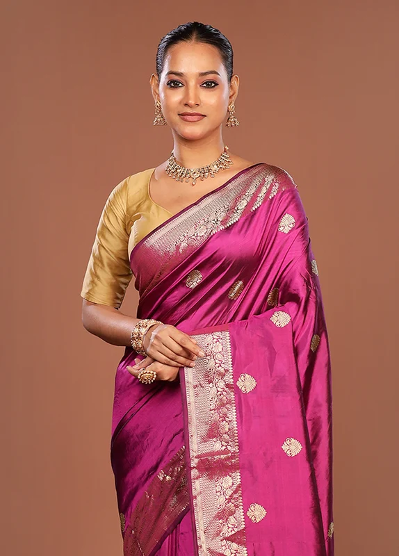 Purple Handloom Katan Pure Silk Saree With Blouse Piece One Size