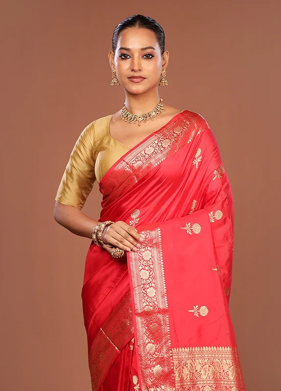 Red Handloom Katan Pure Silk Saree With Blouse Piece One Size