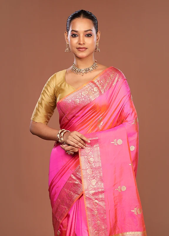 Pink Handloom Katan Pure Silk Saree With Blouse Piece One Size