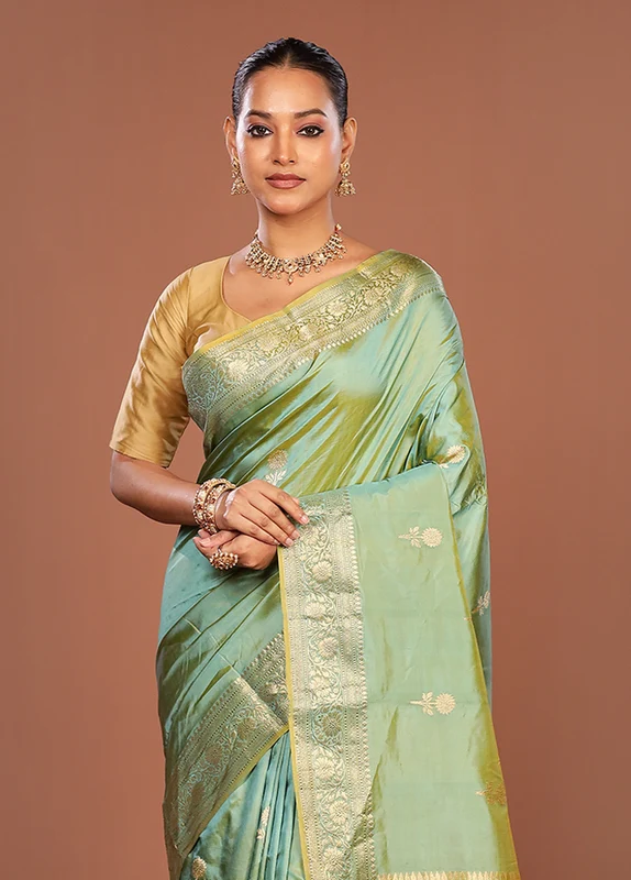 Blue Handloom Katan Pure Silk Saree With Blouse Piece One Size