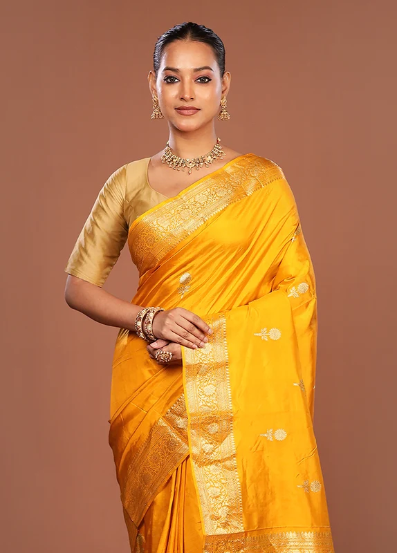 Yellow Handloom Katan Pure Silk Saree With Blouse Piece One Size