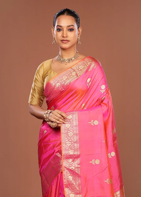 Pink Handloom Katan Pure Silk Saree With Blouse Piece One Size