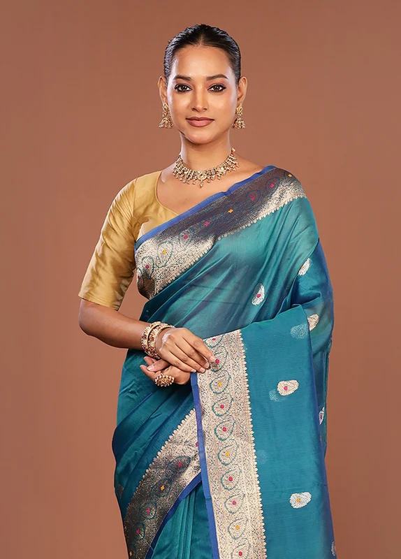 Blue Handloom Pure Organza Saree With Blouse Piece One Size