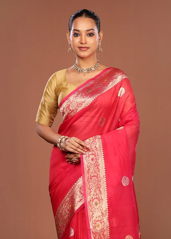 Pink Handloom Pure Organza Saree With Blouse Piece One Size