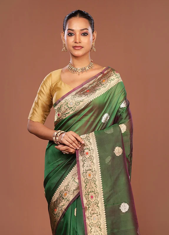 Green Handloom Pure Organza Saree With Blouse Piece One Size