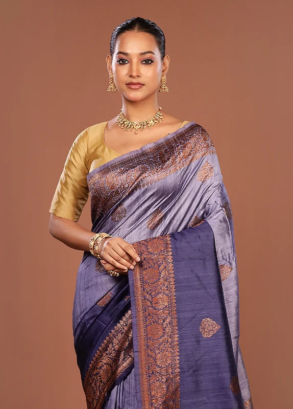 Blue Handloom Tussar Pure Silk Saree With Blouse Piece One Size
