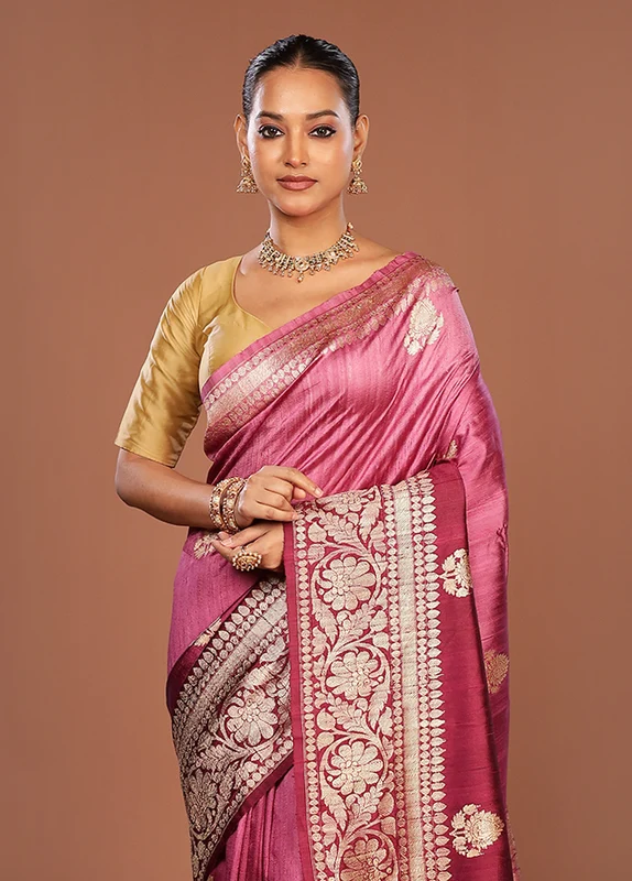 Purple Handloom Tussar Pure Silk Saree With Blouse Piece One Size