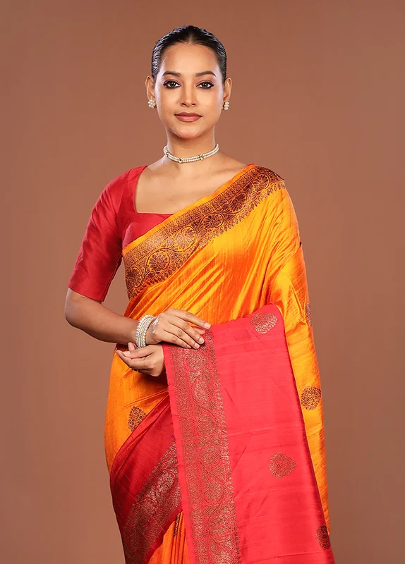 Orange Handloom Tussar Pure Silk Saree With Blouse Piece One Size