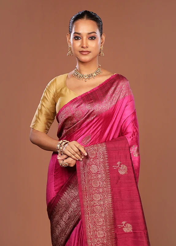 Purple Handloom Tussar Pure Silk Saree With Blouse Piece One Size