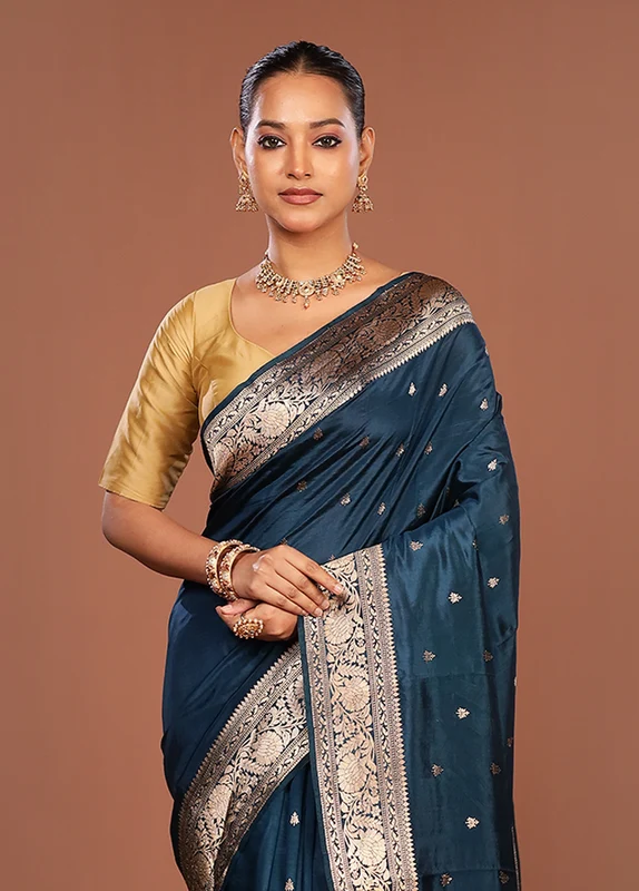 Blue Handloom Katan Pure Silk Saree With Blouse Piece One Size