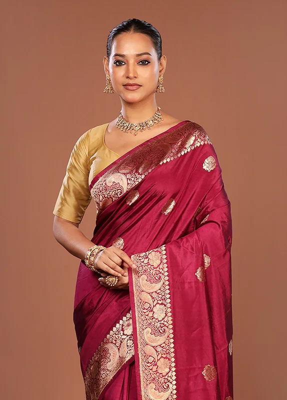 Wine Handloom Katan Pure Silk Saree With Blouse Piece One Size