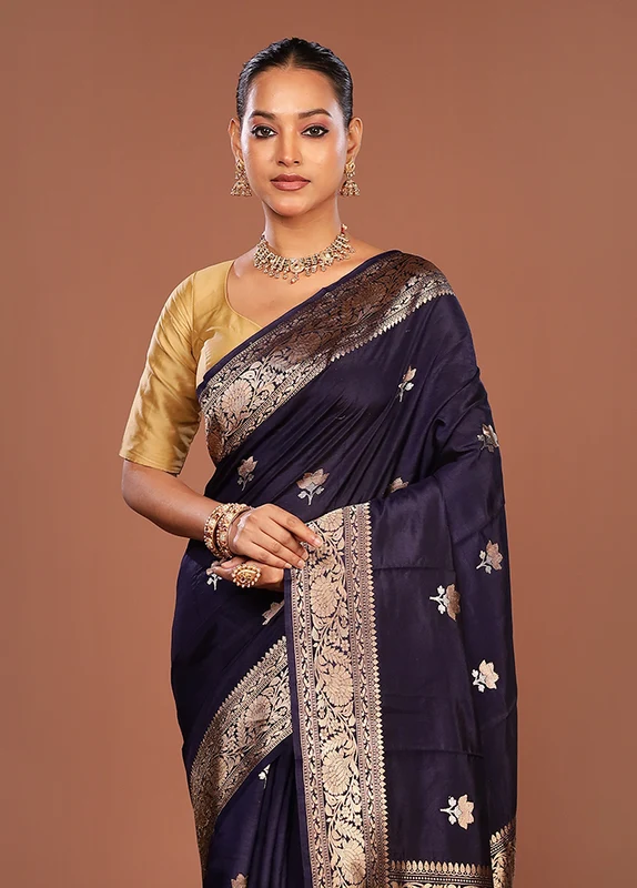 Blue Handloom Katan Pure Silk Saree With Blouse Piece One Size