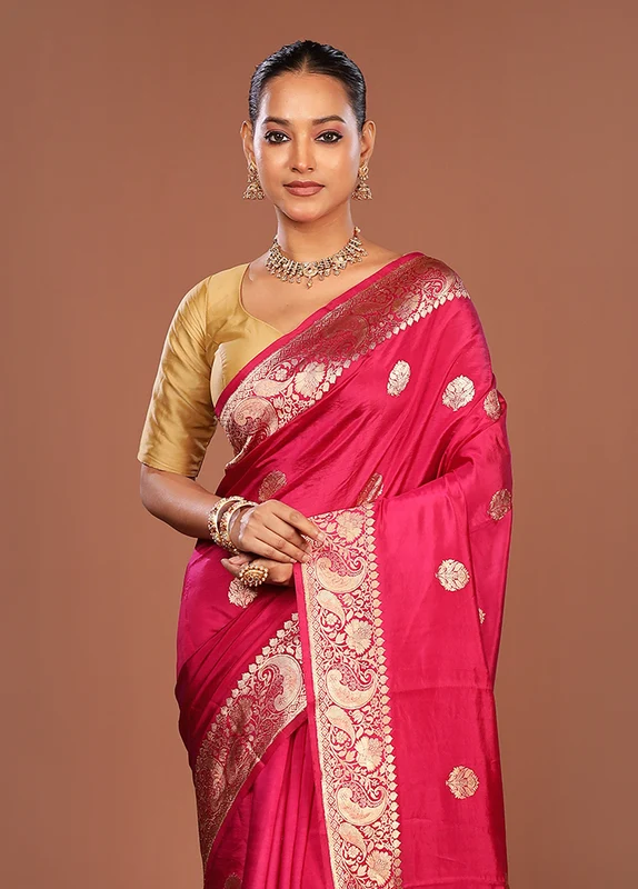 Pink Handloom Katan Pure Silk Saree With Blouse Piece One Size