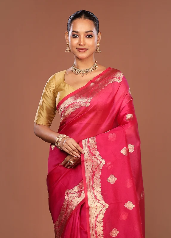Pink Handloom Pure Organza Saree With Blouse Piece One Size