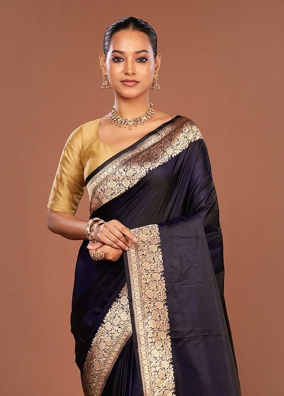 Blue Handloom Katan Pure Silk Saree With Blouse Piece One Size