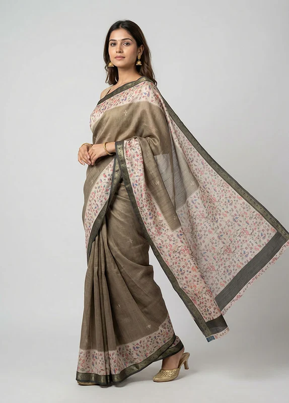 Green Tussar Silk Saree With Blouse Piece One Size
