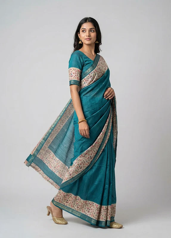 Blue Tussar Silk Saree With Blouse Piece One Size