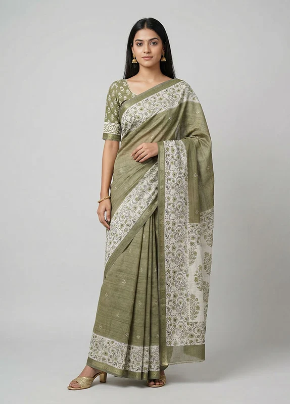 Green Tussar Silk Saree With Blouse Piece One Size