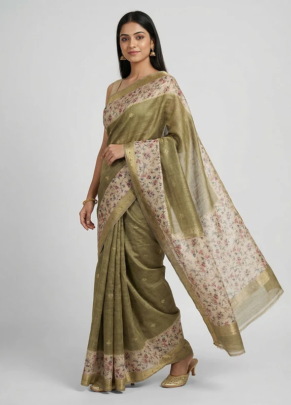Green Tussar Silk Saree With Blouse Piece One Size