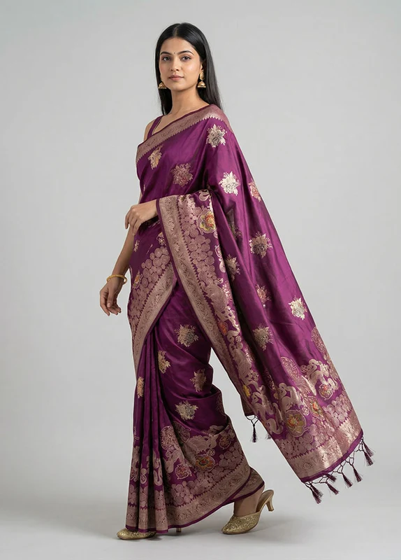 Purple Dupion Silk Saree With Blouse Piece One Size