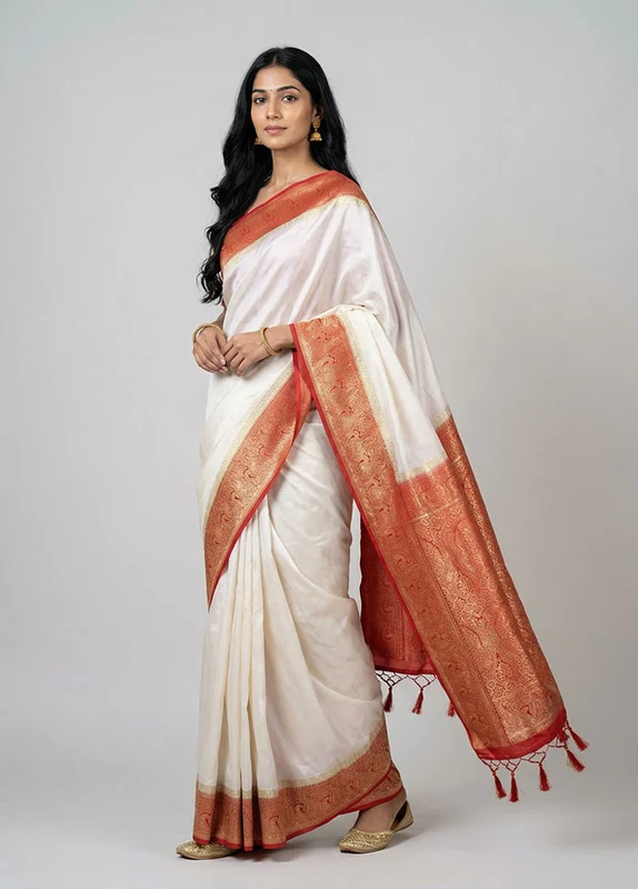 White Dupion Silk Saree With Blouse Piece One Size