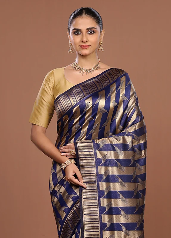 Blue Dupion Silk Saree With Blouse Piece One Size