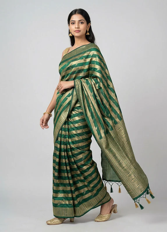 Green Dupion Silk Saree With Blouse Piece One Size