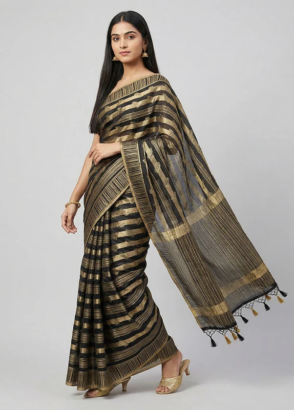Black Dupion Silk Saree With Blouse Piece One Size