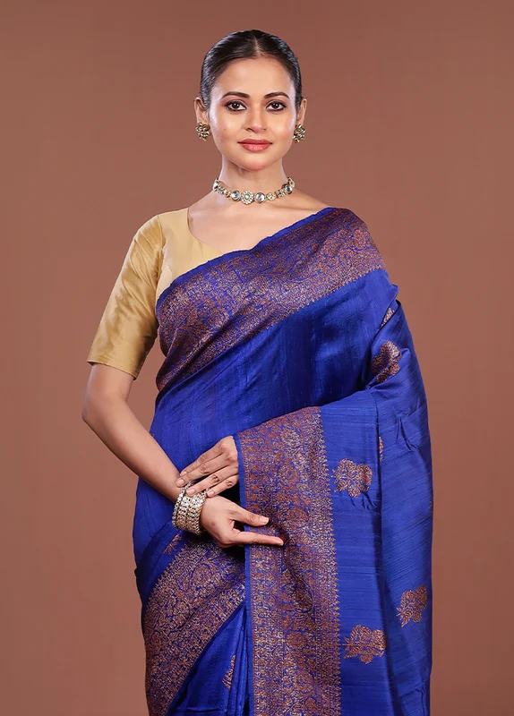 Blue Handloom Tussar Pure Silk Saree With Blouse Piece One Size
