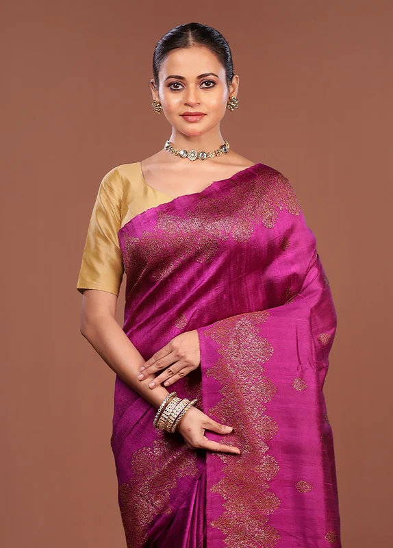 Purple Handloom Tussar Pure Silk Saree With Blouse Piece One Size