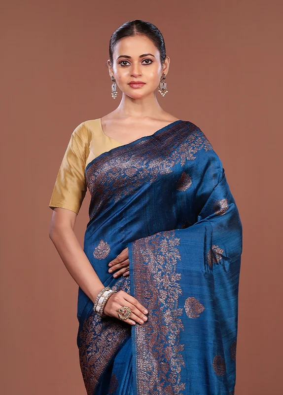 Blue Handloom Tussar Pure Silk Saree With Blouse Piece One Size