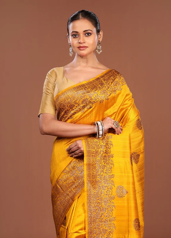 Yellow Handloom Tussar Pure Silk Saree With Blouse Piece One Size