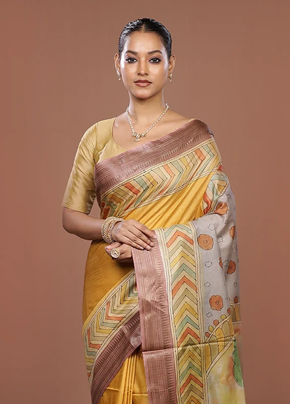 Yellow Handloom Tussar Pure Silk Saree With Blouse Piece One Size