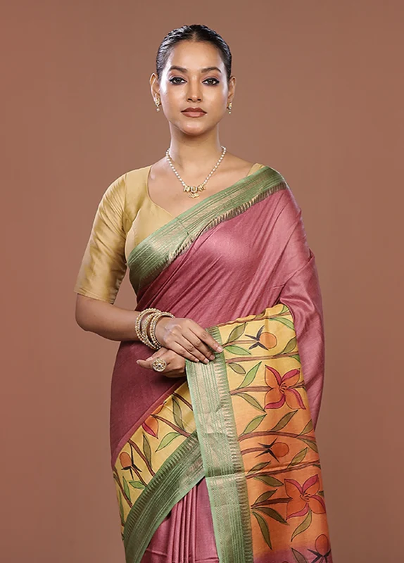 Yellow Handloom Tussar Pure Silk Saree With Blouse Piece One Size
