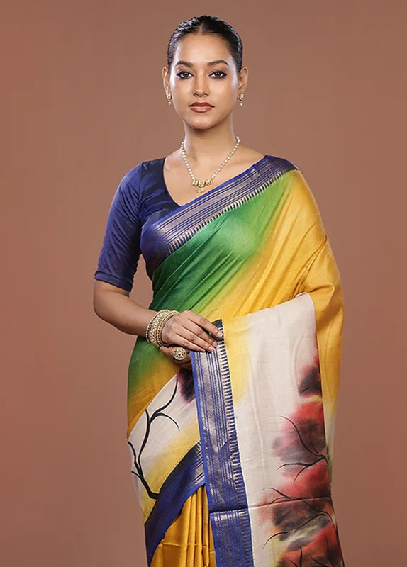 Yellow Handloom Tussar Pure Silk Saree With Blouse Piece One Size