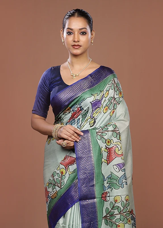 Green Handloom Tussar Pure Silk Saree With Blouse Piece One Size