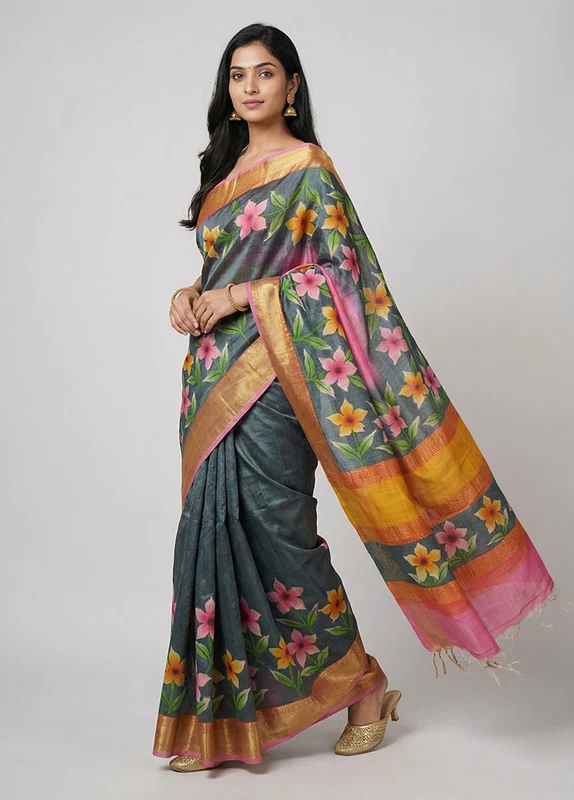 Pink Handloom Tussar Pure Silk Saree With Blouse Piece One Size