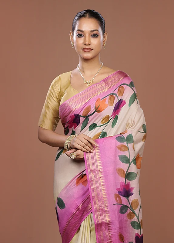 Cream Handloom Tussar Pure Silk Saree With Blouse Piece One Size