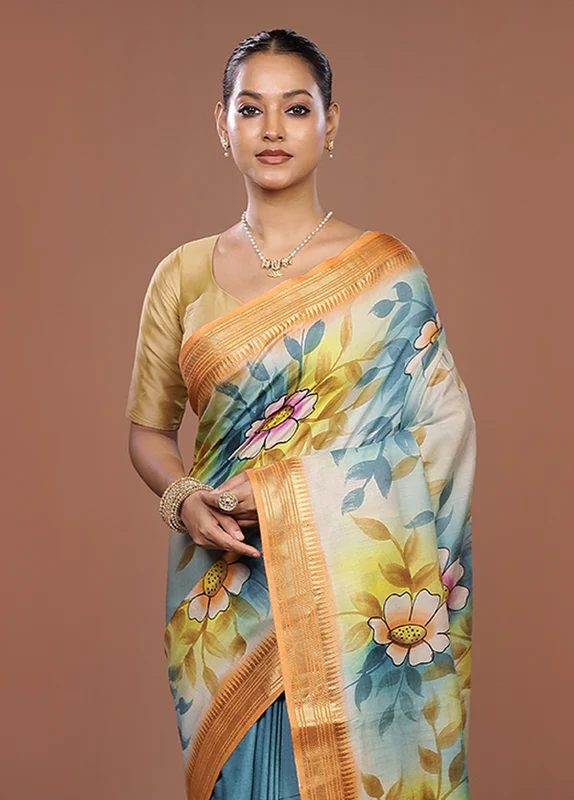 Blue Handloom Tussar Pure Silk Saree With Blouse Piece One Size