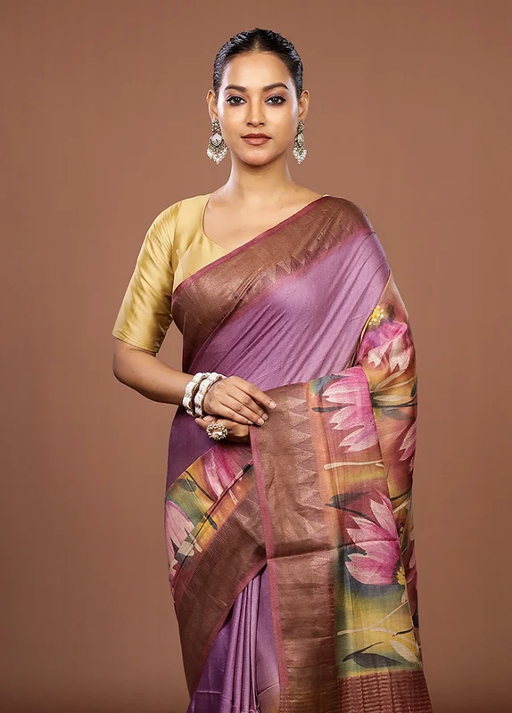 Purple Handloom Tussar Pure Silk Saree With Blouse Piece One Size