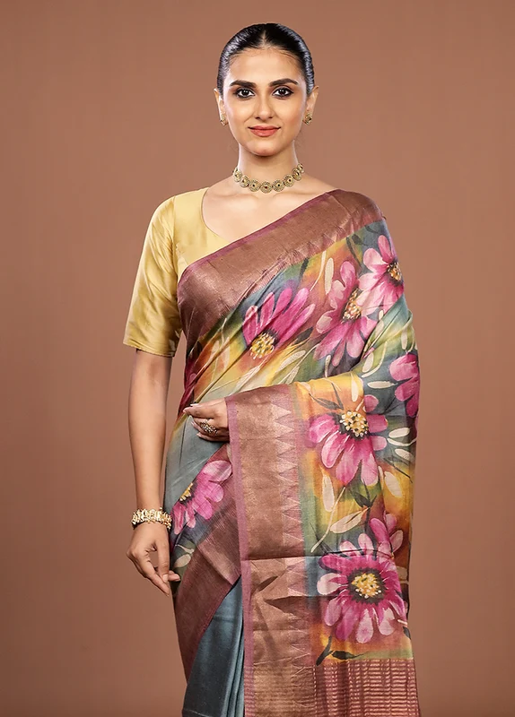 Blue Handloom Tussar Pure Silk Saree With Blouse Piece One Size