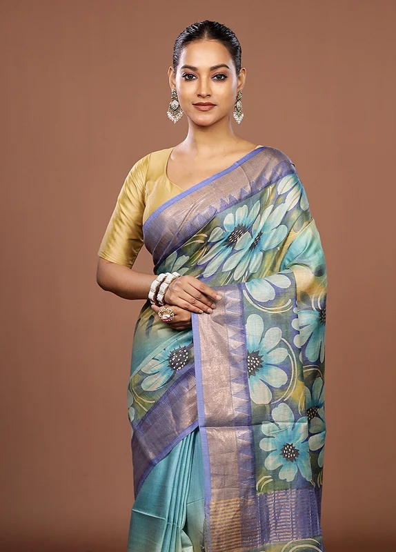 Blue Handloom Tussar Pure Silk Saree With Blouse Piece One Size
