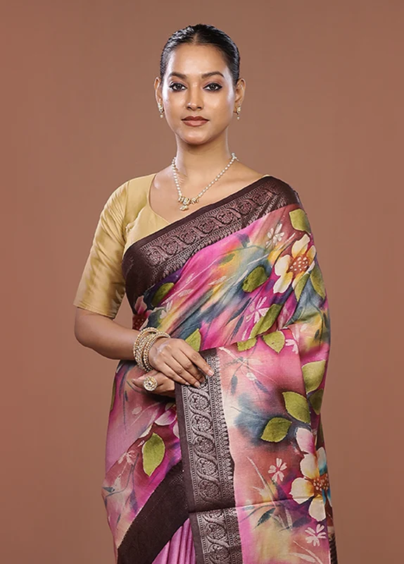 Pink Handloom Tussar Pure Silk Saree With Blouse Piece One Size
