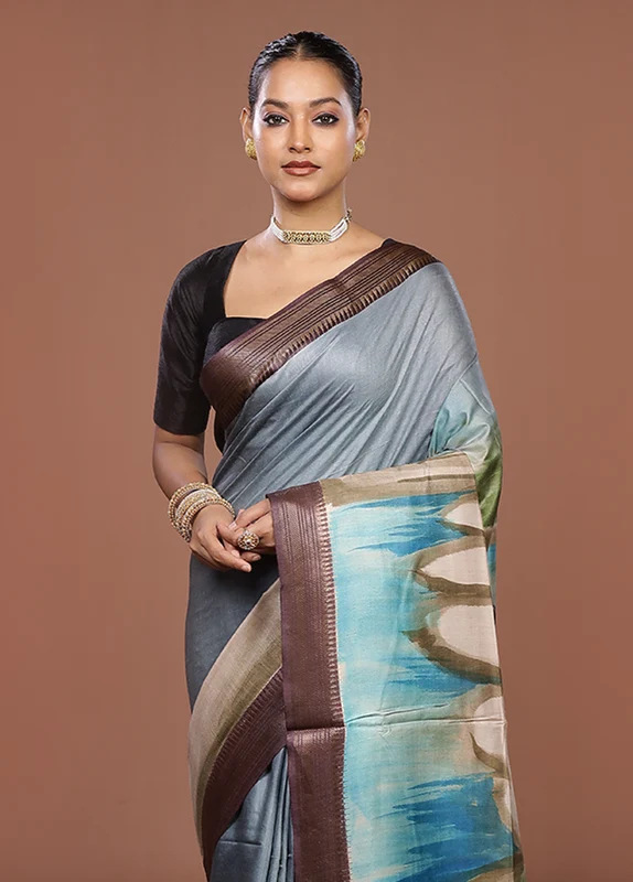 Blue Handloom Tussar Pure Silk Saree With Blouse Piece One Size