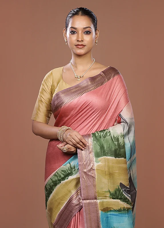Peach Handloom Tussar Pure Silk Saree With Blouse Piece One Size