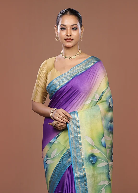 Purple Handloom Tussar Pure Silk Saree With Blouse Piece One Size