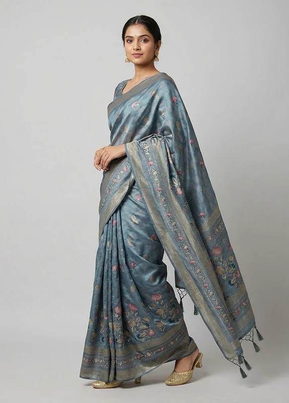 Grey Dupion Silk Saree With Blouse Piece One Size